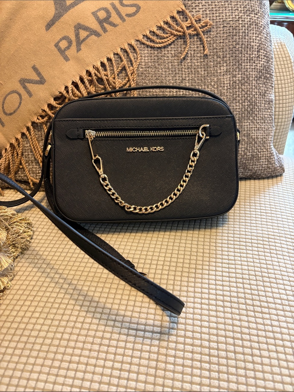 Michael Kors Black Crossbody with Gold Chain Accent